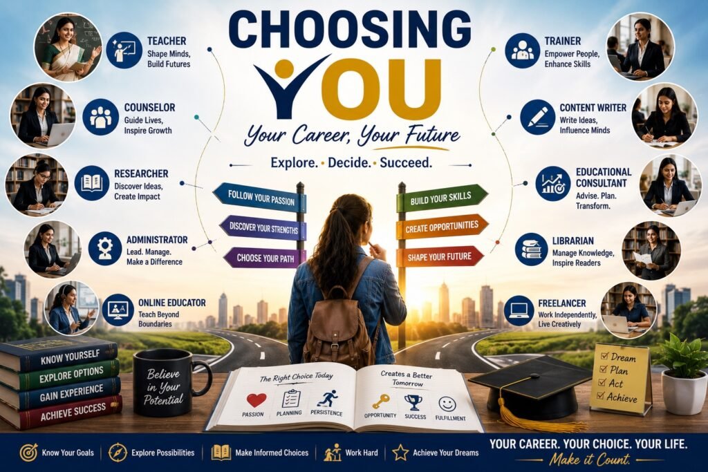 Career options after B.Ed.: teacher, counsellor, researcher, administrator, online educator, trainer, content writer, educational consultant, librarian and freelancer