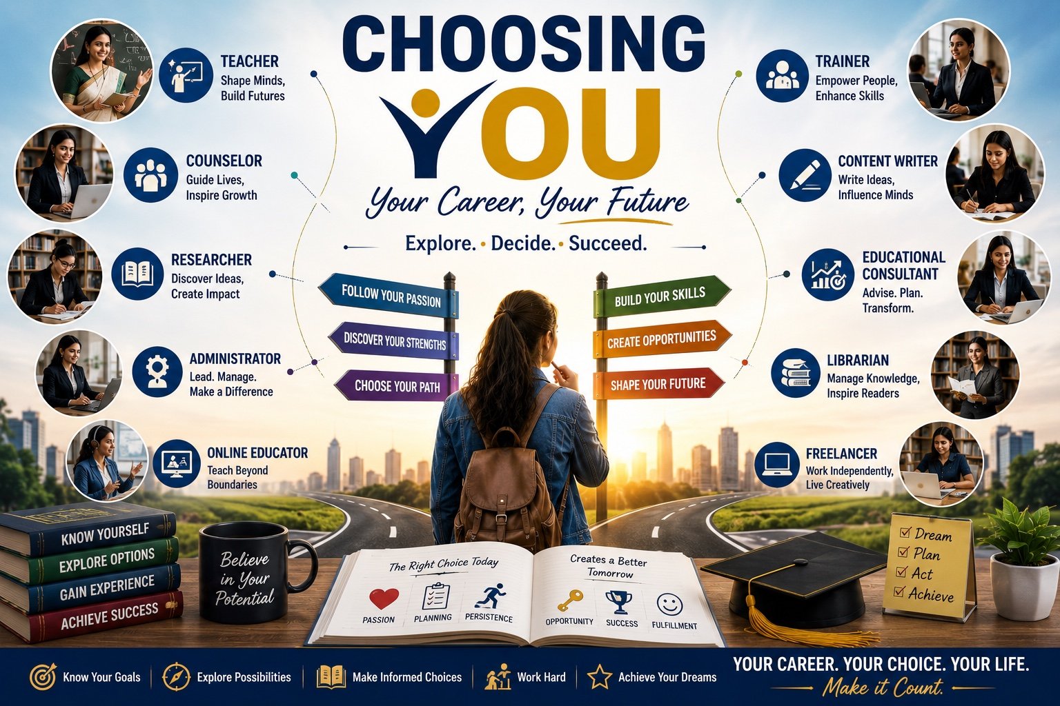 Career options after B.Ed.: teacher, counsellor, researcher, administrator, online educator, trainer, content writer, educational consultant, librarian and freelancer