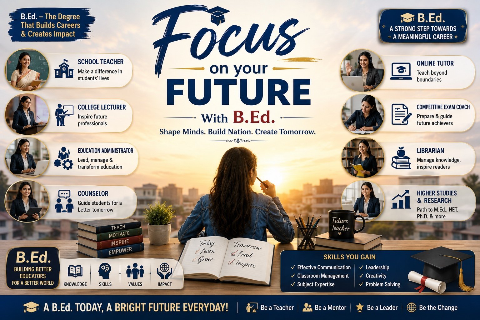 B.Ed. career paths: school teacher, college lecturer, education administrator, counsellor, online tutor, exam coach, librarian and higher studies
